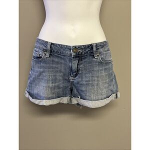 Paige Rolled Cuff Hem Distressed Jean Shorts Medium Wash Denim Cotton Stretch Wa
